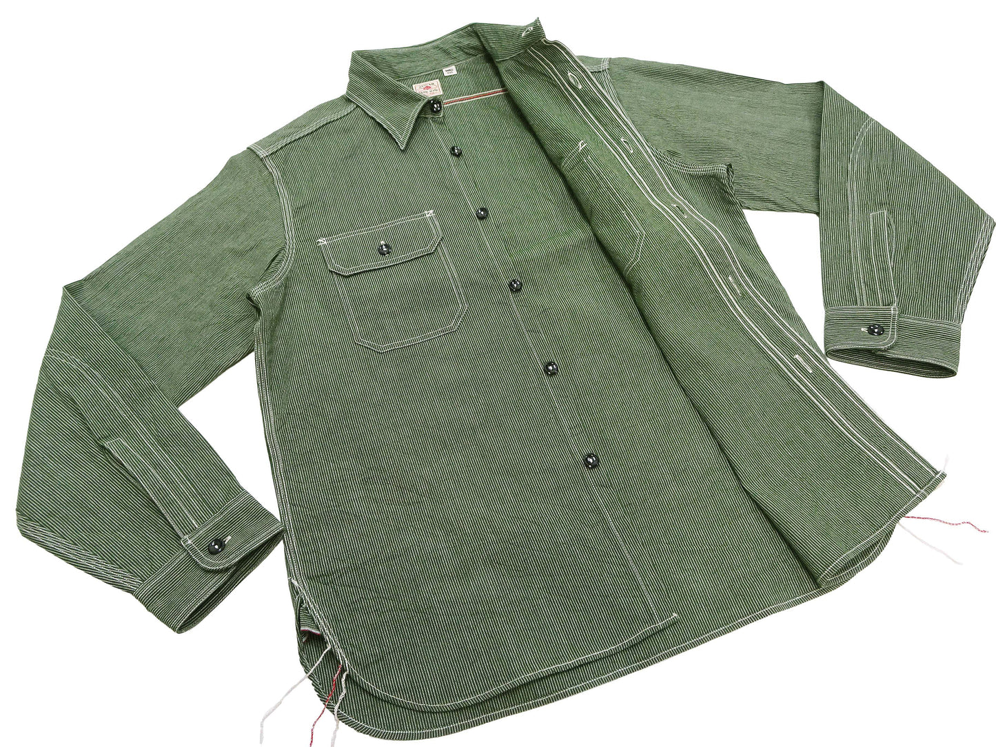 Sugar Cane Work Shirt with Vertical Hairline Code Stripe Pattern Men's Casual Jean Cord Long Sleeve Button Up Shirt SC25511 149 Olive