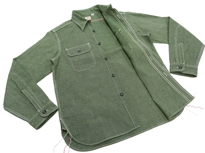 Sugar Cane Work Shirt with Vertical Hairline Code Stripe Pattern Men's Casual Jean Cord Long Sleeve Button Up Shirt SC25511 149 Olive