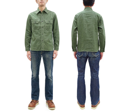 Sugar Cane Work Shirt with Vertical Hairline Code Stripe Pattern Men's Casual Jean Cord Long Sleeve Button Up Shirt SC25511 149 Olive