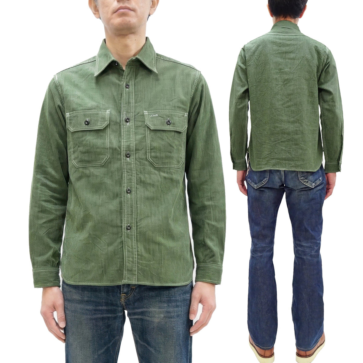 Sugar Cane Work Shirt with Vertical Hairline Code Stripe Pattern Men's Casual Jean Cord Long Sleeve Button Up Shirt SC25511 149 Olive