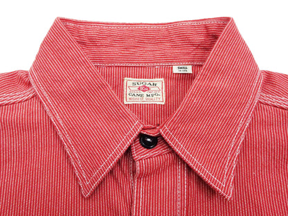 Sugar Cane Work Shirt with Vertical Hairline Code Stripe Pattern Men's Casual Jean Cord Long Sleeve Button Up Shirt SC25511 165 Red