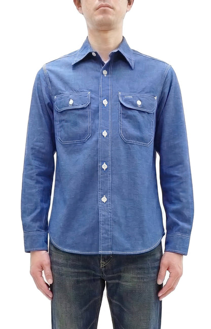 Sugar Cane Men's Long Sleeve VAT-Dyed Solid Chambray Work Shirt, Vintage-Inspired, One-Wash, Made in Japan (SC25513 125 Blue)