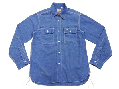 Sugar Cane Men's Long Sleeve VAT-Dyed Solid Chambray Work Shirt, Vintage-Inspired, One-Wash, Made in Japan (SC25513 125 Blue)