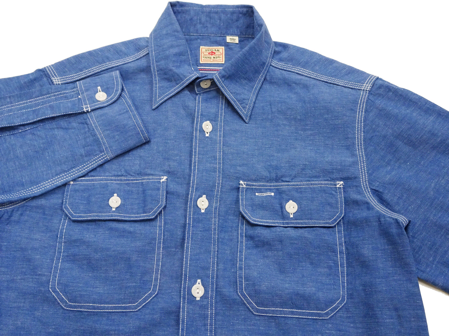 Sugar Cane Men's Long Sleeve VAT-Dyed Solid Chambray Work Shirt, Vintage-Inspired, One-Wash, Made in Japan (SC25513 125 Blue)