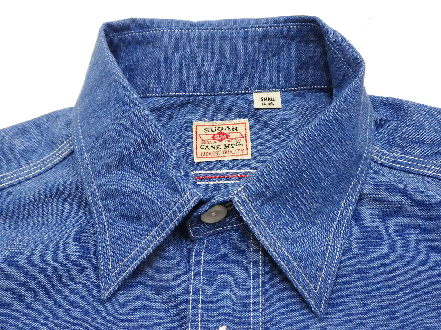 Sugar Cane Men's Long Sleeve VAT-Dyed Solid Chambray Work Shirt, Vintage-Inspired, One-Wash, Made in Japan (SC25513 125 Blue)