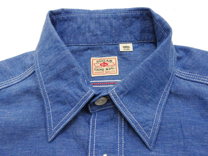 Sugar Cane Men's Long Sleeve VAT-Dyed Solid Chambray Work Shirt, Vintage-Inspired, One-Wash, Made in Japan (SC25513 125 Blue)