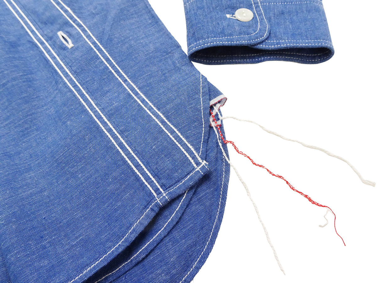 Sugar Cane Men's Long Sleeve VAT-Dyed Solid Chambray Work Shirt, Vintage-Inspired, One-Wash, Made in Japan (SC25513 125 Blue)