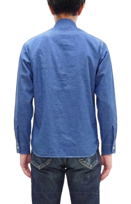 Sugar Cane Men's Long Sleeve VAT-Dyed Solid Chambray Work Shirt, Vintage-Inspired, One-Wash, Made in Japan (SC25513 125 Blue)