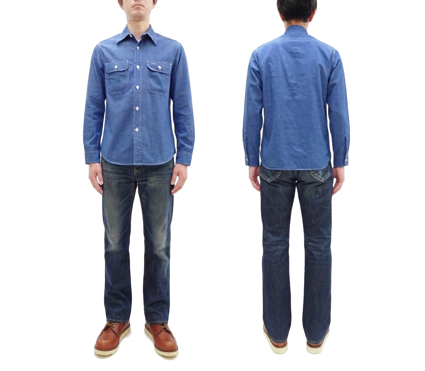 Sugar Cane Men's Long Sleeve VAT-Dyed Solid Chambray Work Shirt, Vintage-Inspired, One-Wash, Made in Japan (SC25513 125 Blue)