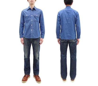 Sugar Cane Men's Long Sleeve VAT-Dyed Solid Chambray Work Shirt, Vintage-Inspired, One-Wash, Made in Japan (SC25513 125 Blue)