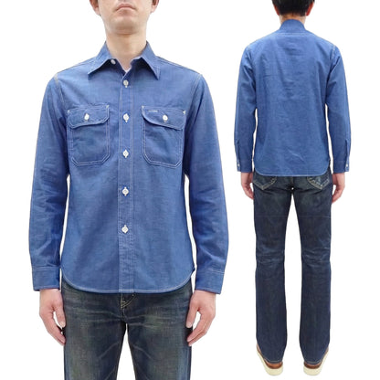 Sugar Cane Men's Long Sleeve VAT-Dyed Solid Chambray Work Shirt, Vintage-Inspired, One-Wash, Made in Japan (SC25513 125 Blue)