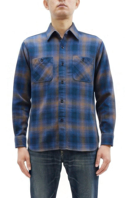 Sugar Cane Men's Long Sleeve Ombre Plaid Work Shirt - 100% Cotton Twill, One-Wash, Made in Japan (SC29561 125 Blue)