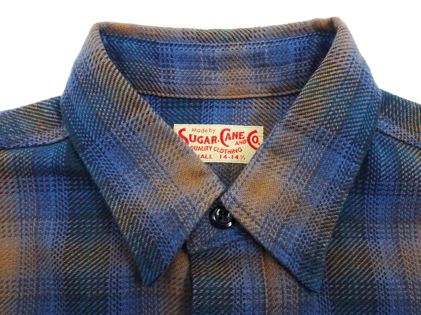 Sugar Cane Men's Long Sleeve Ombre Plaid Work Shirt - 100% Cotton Twill, One-Wash, Made in Japan (SC29561 125 Blue)