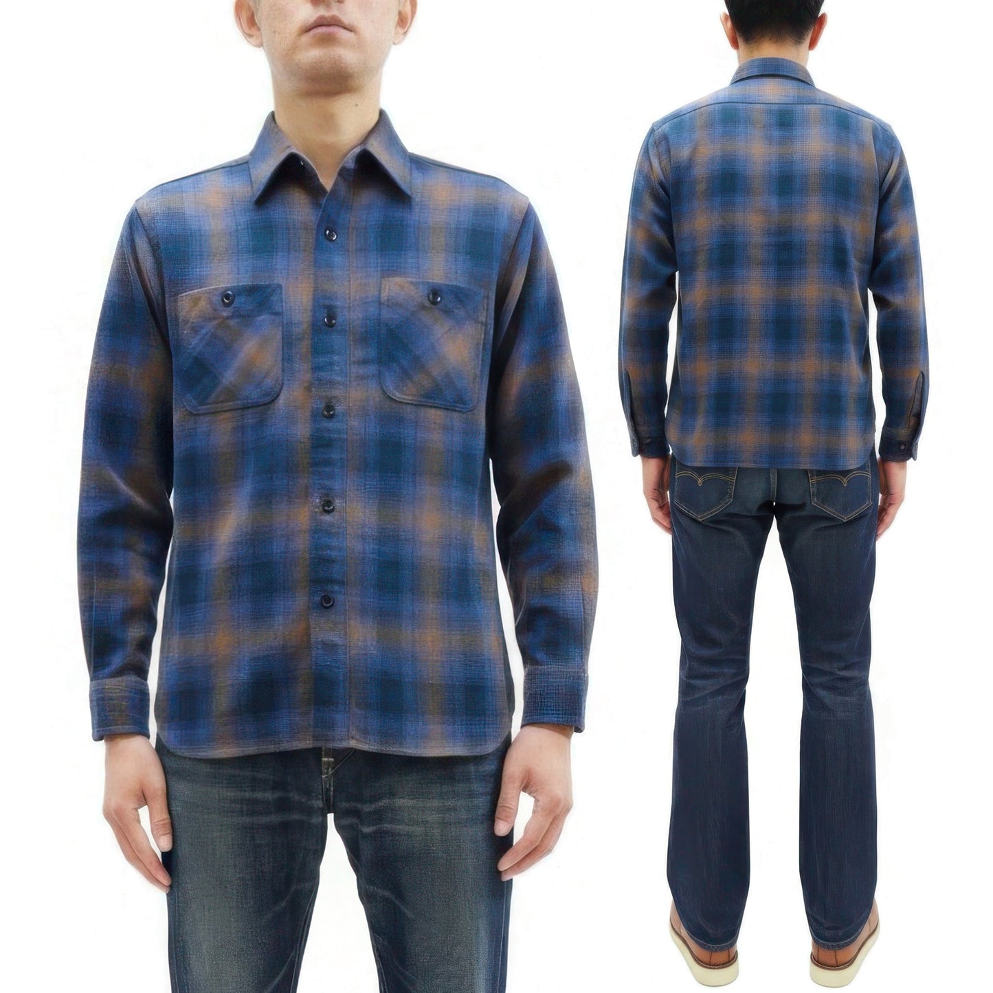 Sugar Cane Men's Long Sleeve Ombre Plaid Work Shirt - 100% Cotton Twill, One-Wash, Made in Japan (SC29561 125 Blue)