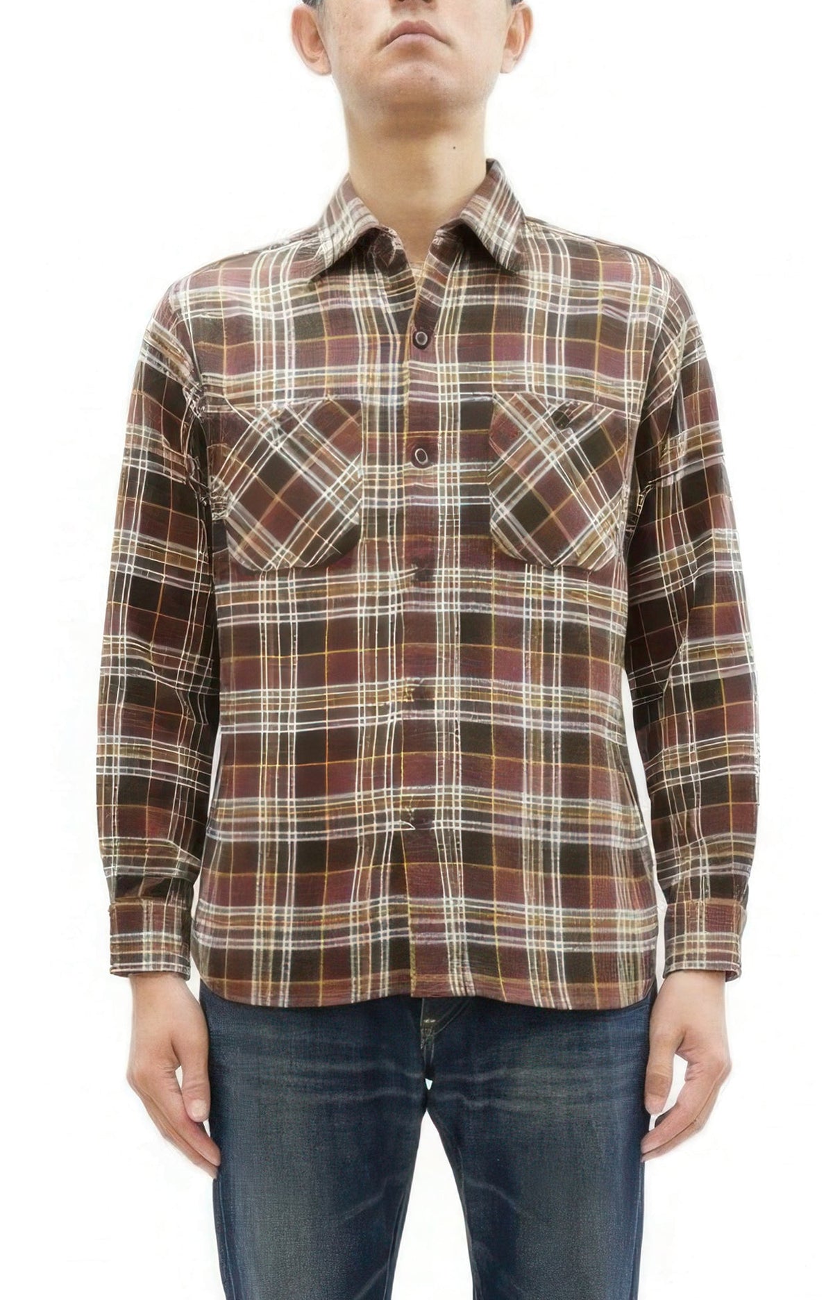 Sugar Cane Men's Long Sleeve Plaid Work Shirt - 100% Cotton Twill, One-Wash, Made in Japan (SC29564 138 Brown)