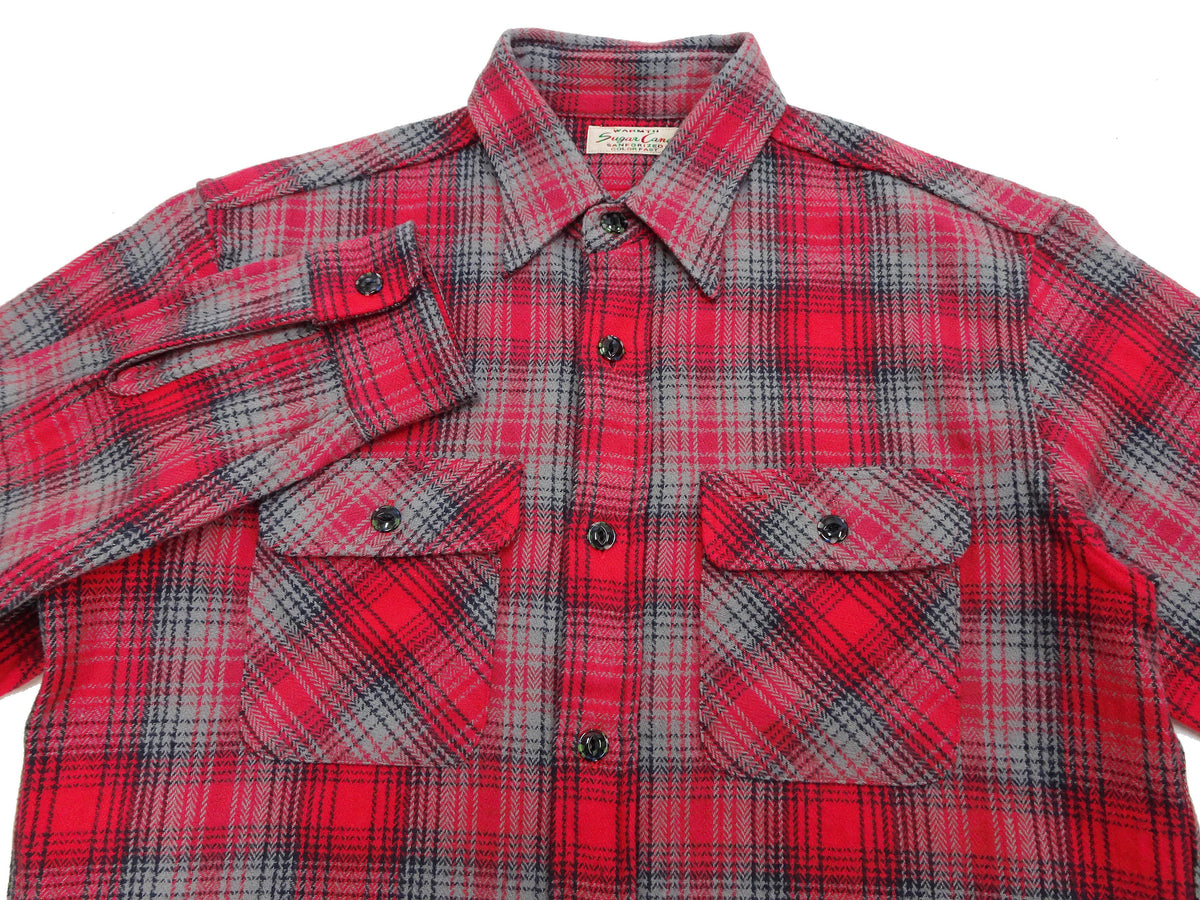 Sugar Cane Men's Vintage-Style Brushed Plaid Flannel Long-Sleeve Work Shirt - Fiction Romance Collection - 100% Cotton Herringbone Twill, Made in Japan (SC29584 165 Red)