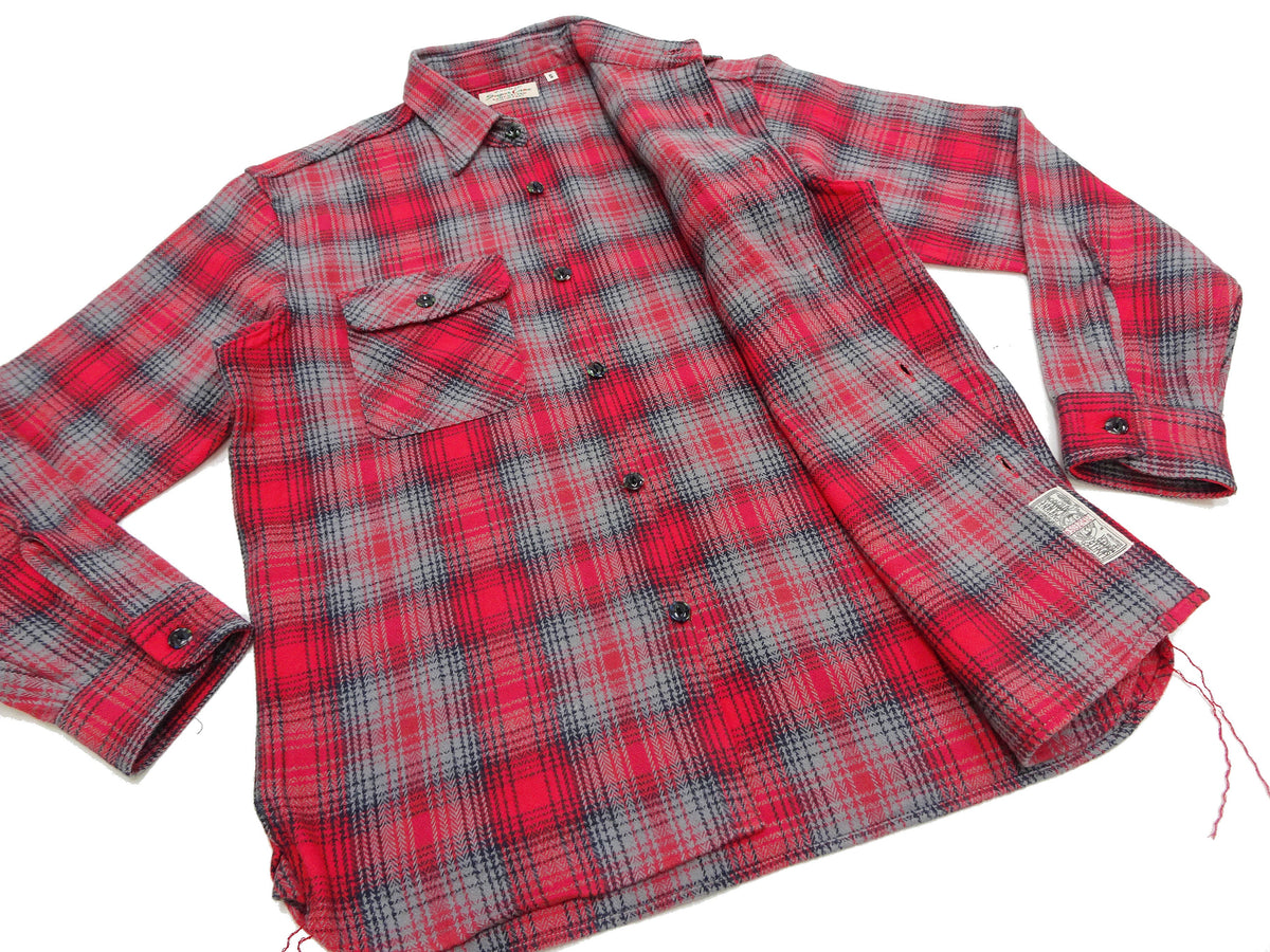 Sugar Cane Men's Vintage-Style Brushed Plaid Flannel Long-Sleeve Work Shirt - Fiction Romance Collection - 100% Cotton Herringbone Twill, Made in Japan (SC29584 165 Red)