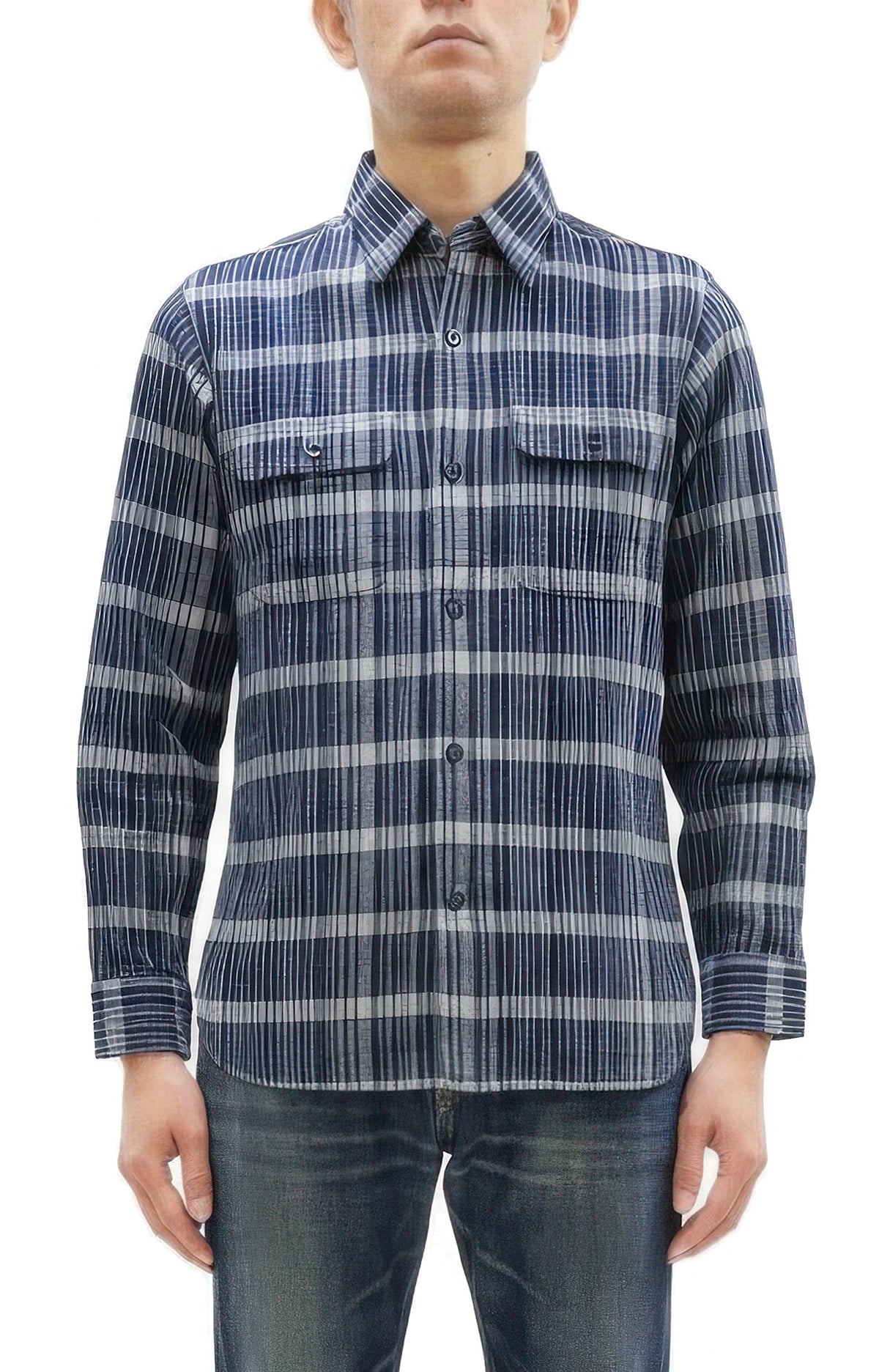 Sugar Cane Men's Indigo Plaid Long-Sleeve Work Shirt - Fiction Romance Collection - 100% Cotton, Inspired by Traditional Japanese Kimono Fabric, Made in Japan (SC29591 421A Navy)