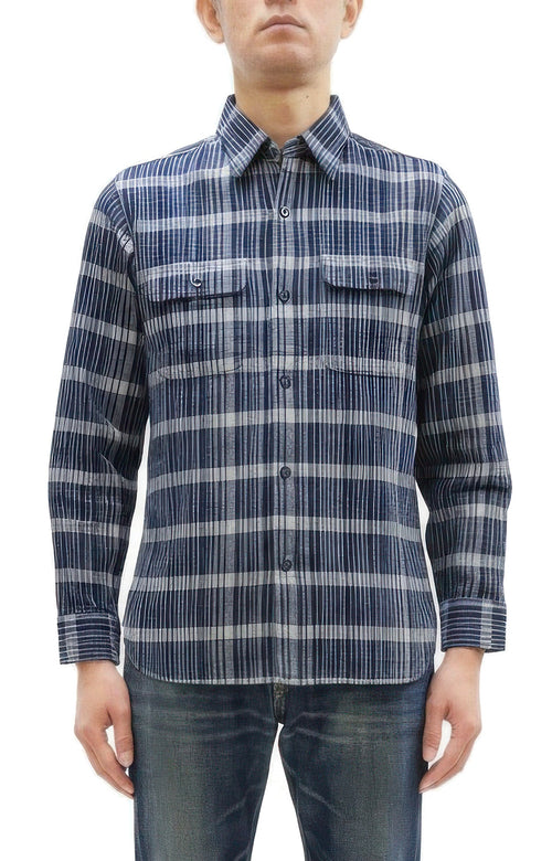 Sugar Cane Men's Indigo Plaid Long-Sleeve Work Shirt - Fiction Romance Collection - 100% Cotton, Inspired by Traditional Japanese Kimono Fabric, Made in Japan (SC29591 421A Navy)