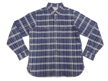 Sugar Cane Men's Indigo Plaid Long-Sleeve Work Shirt - Fiction Romance Collection - 100% Cotton, Inspired by Traditional Japanese Kimono Fabric, Made in Japan (SC29591 421A Navy)