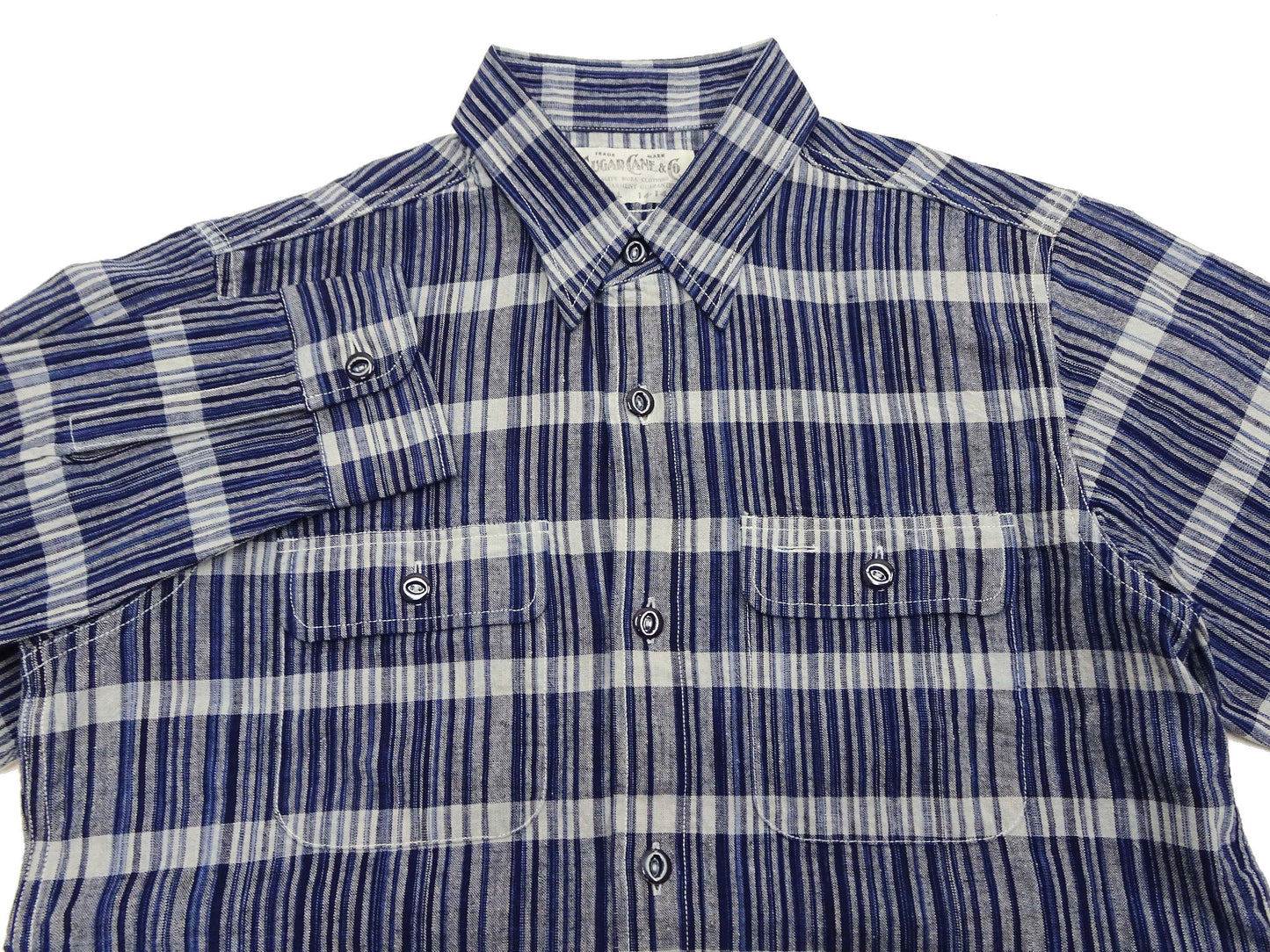 Sugar Cane Men's Indigo Plaid Long-Sleeve Work Shirt - Fiction Romance Collection - 100% Cotton, Inspired by Traditional Japanese Kimono Fabric, Made in Japan (SC29591 421A Navy)