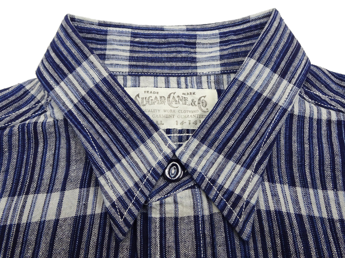 Sugar Cane Men's Indigo Plaid Long-Sleeve Work Shirt - Fiction Romance Collection - 100% Cotton, Inspired by Traditional Japanese Kimono Fabric, Made in Japan (SC29591 421A Navy)