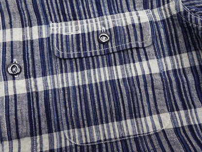 Sugar Cane Men's Indigo Plaid Long-Sleeve Work Shirt - Fiction Romance Collection - 100% Cotton, Inspired by Traditional Japanese Kimono Fabric, Made in Japan (SC29591 421A Navy)