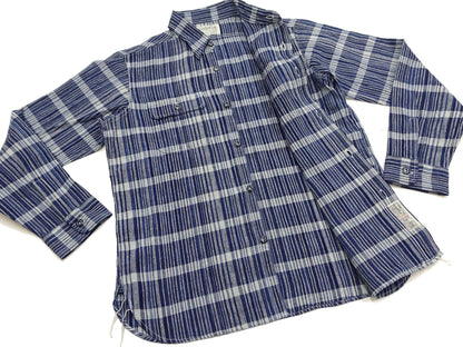 Sugar Cane Men's Indigo Plaid Long-Sleeve Work Shirt - Fiction Romance Collection - 100% Cotton, Inspired by Traditional Japanese Kimono Fabric, Made in Japan (SC29591 421A Navy)