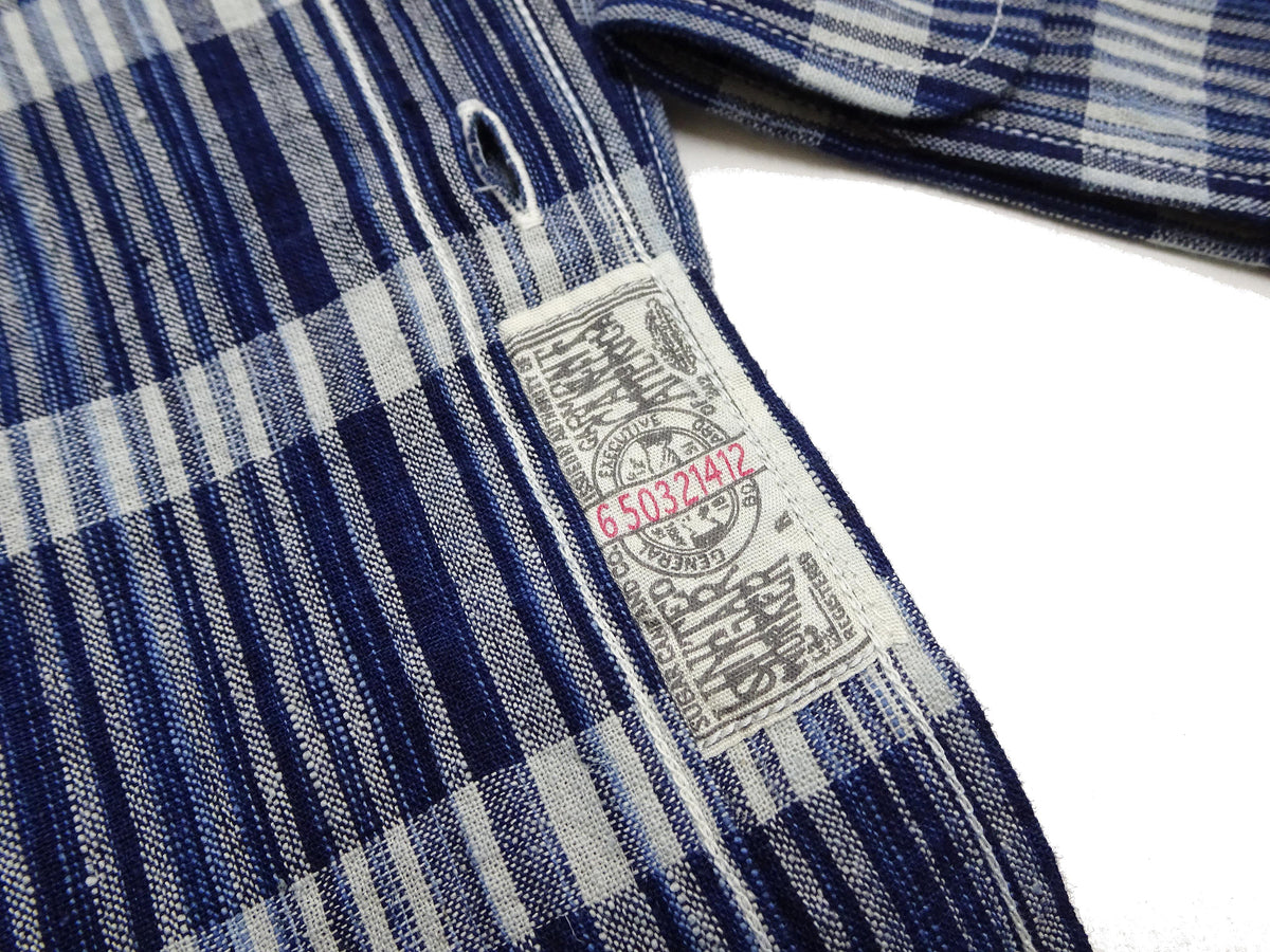 Sugar Cane Men's Indigo Plaid Long-Sleeve Work Shirt - Fiction Romance Collection - 100% Cotton, Inspired by Traditional Japanese Kimono Fabric, Made in Japan (SC29591 421A Navy)
