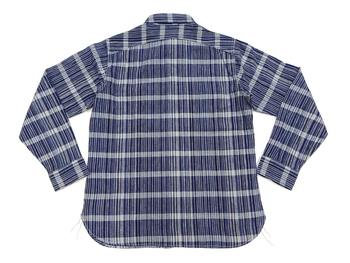 Sugar Cane Men's Indigo Plaid Long-Sleeve Work Shirt - Fiction Romance Collection - 100% Cotton, Inspired by Traditional Japanese Kimono Fabric, Made in Japan (SC29591 421A Navy)