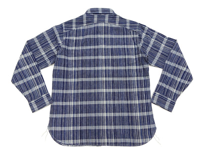 Sugar Cane Men's Indigo Plaid Long-Sleeve Work Shirt - Fiction Romance Collection - 100% Cotton, Inspired by Traditional Japanese Kimono Fabric, Made in Japan (SC29591 421A Navy)