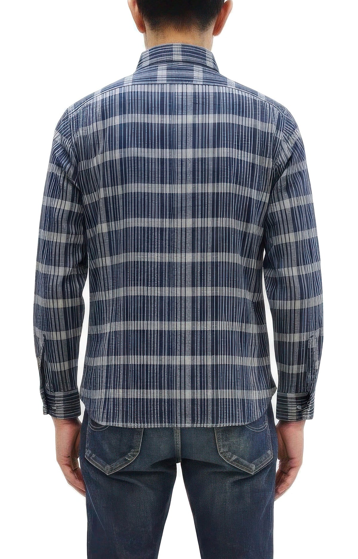 Sugar Cane Men's Indigo Plaid Long-Sleeve Work Shirt - Fiction Romance Collection - 100% Cotton, Inspired by Traditional Japanese Kimono Fabric, Made in Japan (SC29591 421A Navy)