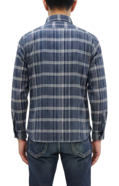 Sugar Cane Men's Indigo Plaid Long-Sleeve Work Shirt - Fiction Romance Collection - 100% Cotton, Inspired by Traditional Japanese Kimono Fabric, Made in Japan (SC29591 421A Navy)