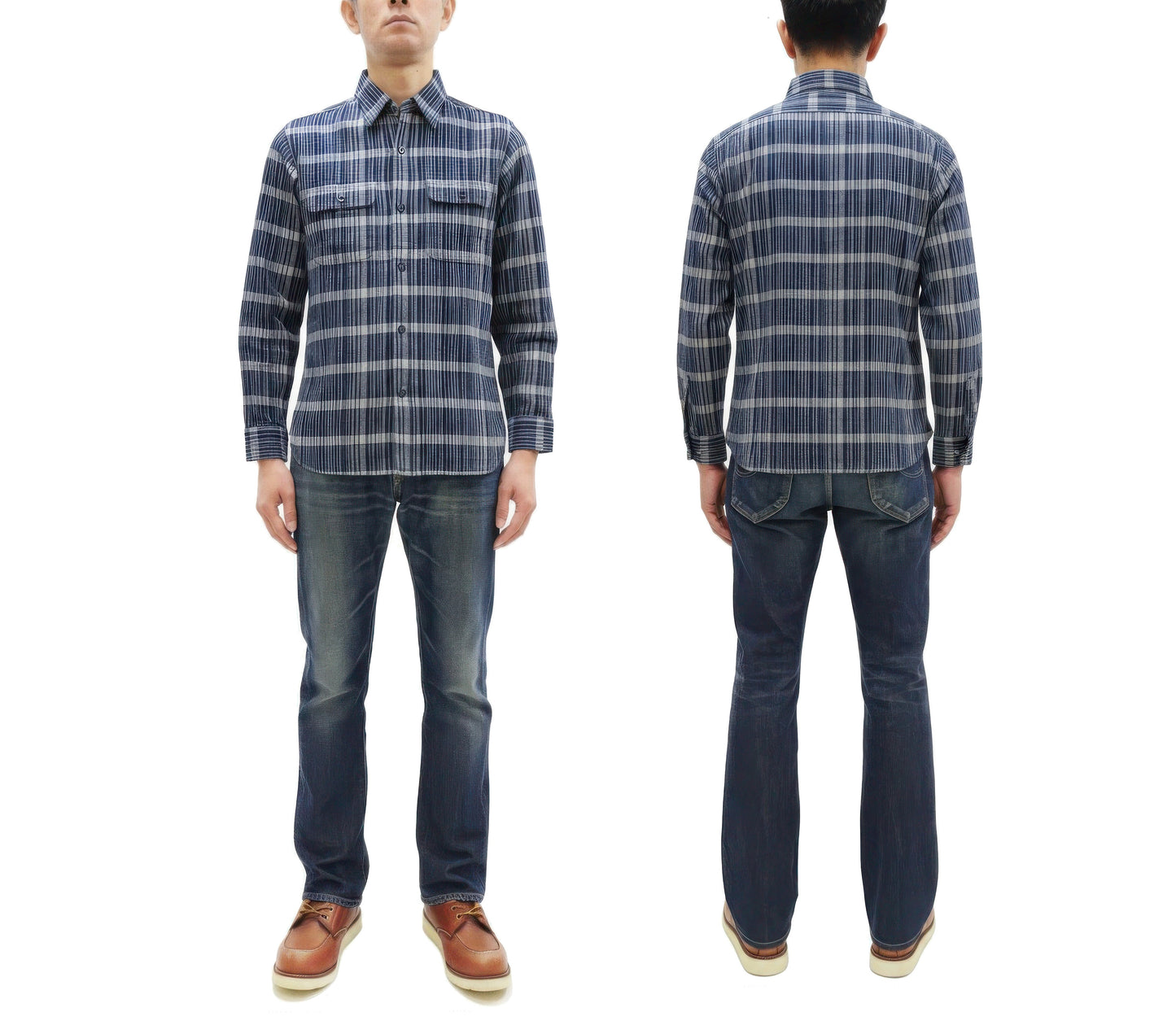 Sugar Cane Men's Indigo Plaid Long-Sleeve Work Shirt - Fiction Romance Collection - 100% Cotton, Inspired by Traditional Japanese Kimono Fabric, Made in Japan (SC29591 421A Navy)