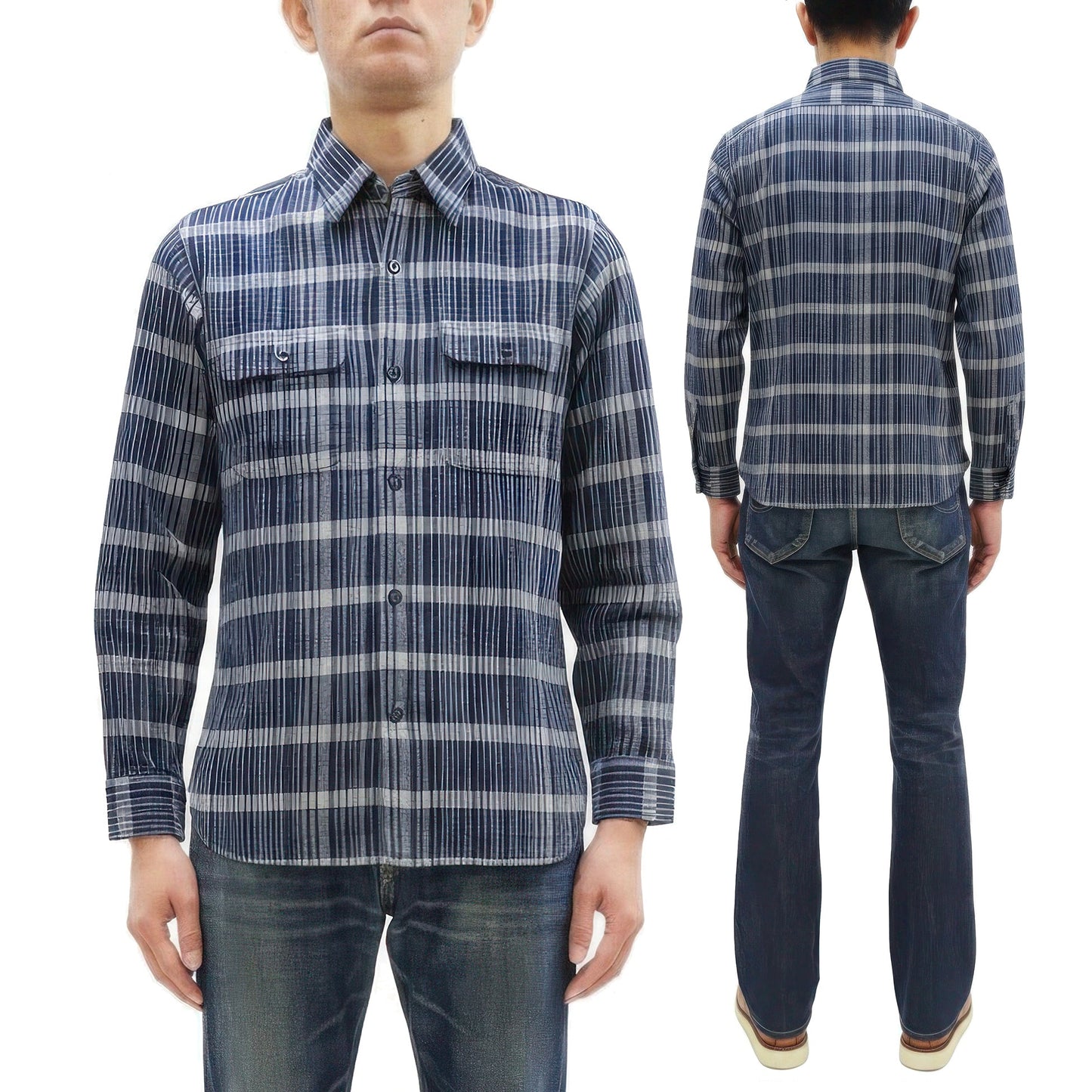 Sugar Cane Men's Indigo Plaid Long-Sleeve Work Shirt - Fiction Romance Collection - 100% Cotton, Inspired by Traditional Japanese Kimono Fabric, Made in Japan (SC29591 421A Navy)
