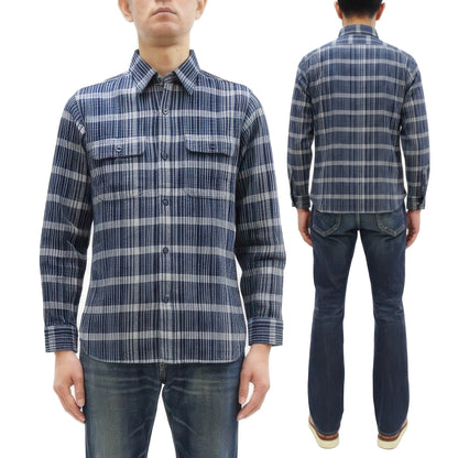 Sugar Cane Men's Indigo Plaid Long-Sleeve Work Shirt - Fiction Romance Collection - 100% Cotton, Inspired by Traditional Japanese Kimono Fabric, Made in Japan (SC29591 421A Navy)