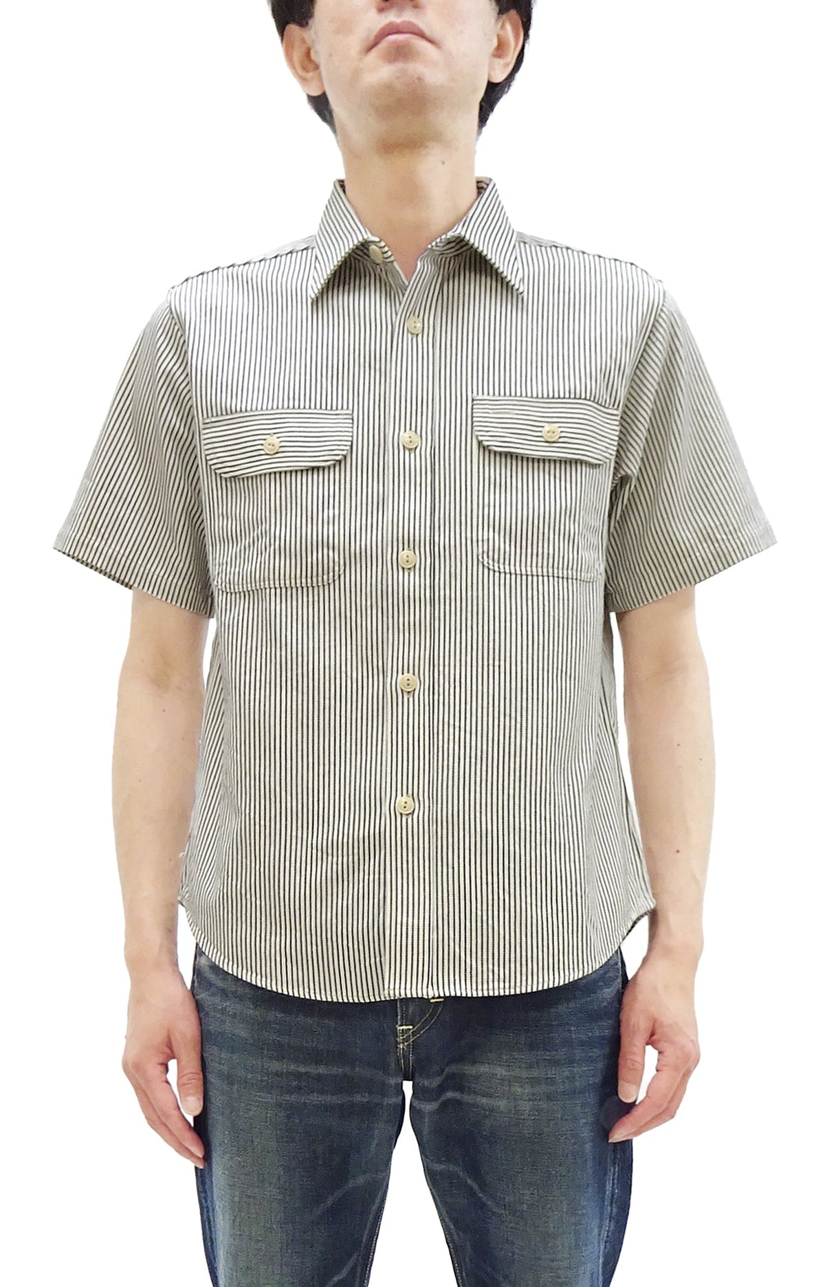 Sugar Cane Hickory Stripe Work Shirt - Men's Casual Short Sleeve Button Up Shirt SC37944 105 Off-White