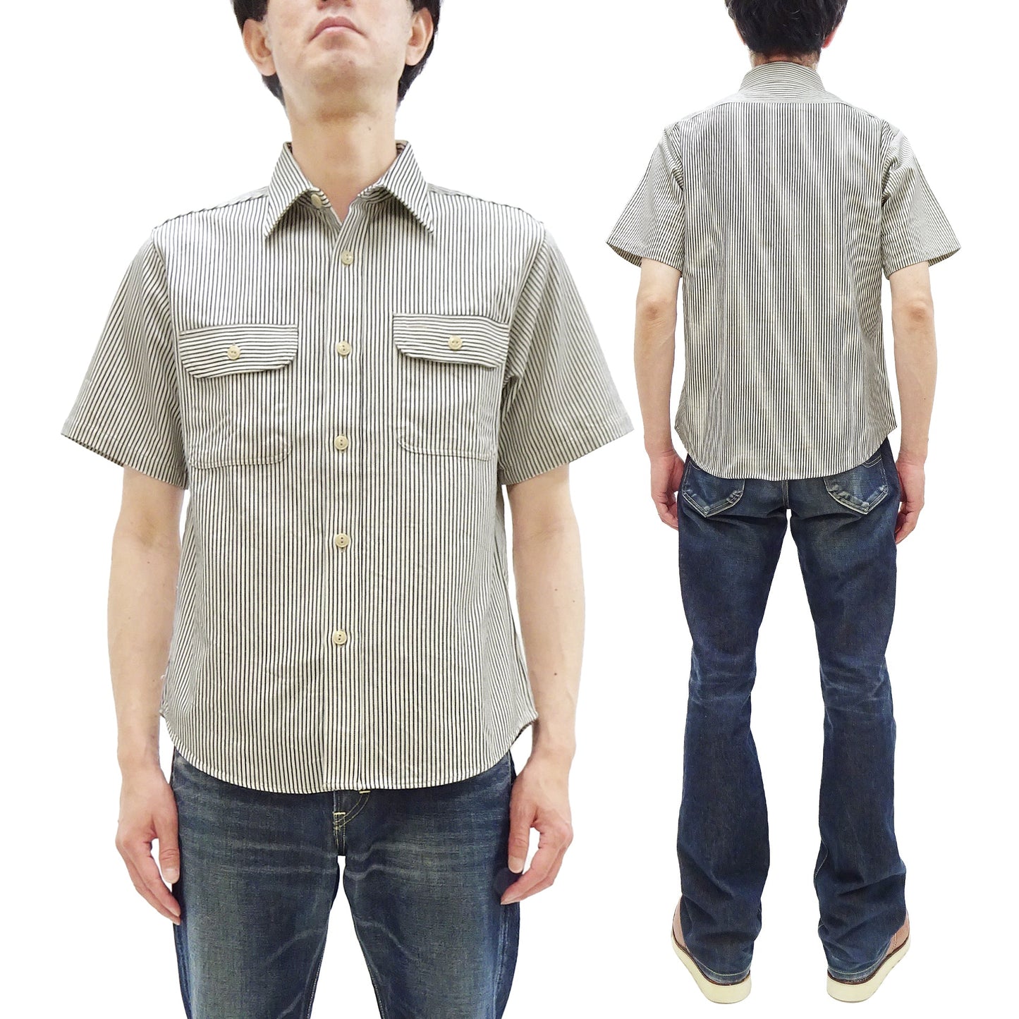 Sugar Cane Hickory Stripe Work Shirt - Men's Casual Short Sleeve Button Up Shirt SC37944 105 Off-White