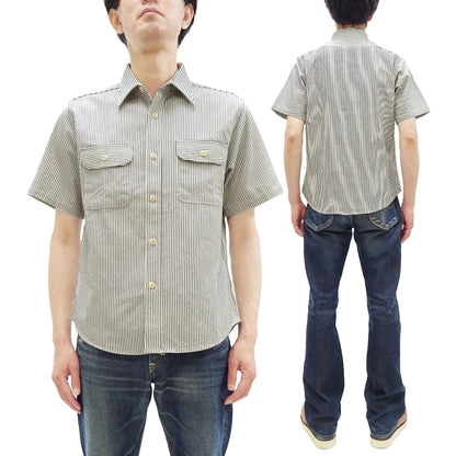 Sugar Cane Hickory Stripe Work Shirt - Men's Casual Short Sleeve Button Up Shirt SC37944 105 Off-White