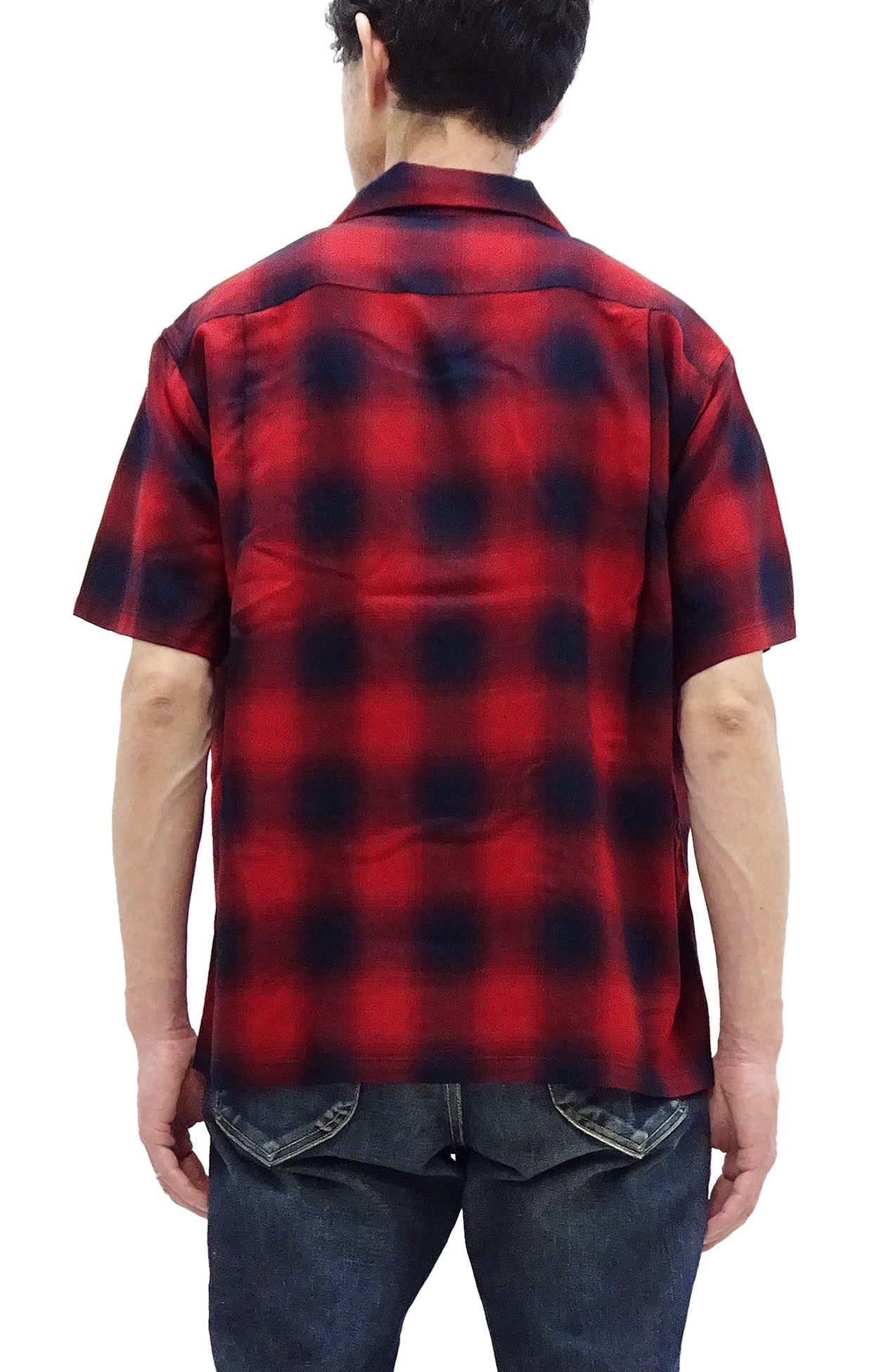 Sugar Cane Rayon Ombre Plaid Shirt Men's Oversized Fit Resort Collar Short Sleeve Casual Button Up Shirt SC39297 165 Red/Navy