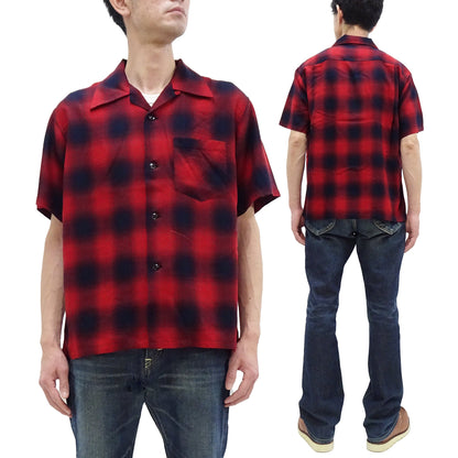 Sugar Cane Rayon Ombre Plaid Shirt Men's Oversized Fit Resort Collar Short Sleeve Casual Button Up Shirt SC39297 165 Red/Navy