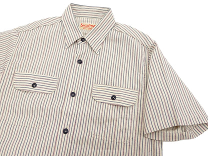 Sugar Cane Cotton Dobby Stripe Shirt Men's Casual Short Sleeve Button Up Work Shirt Vertical Multi-Striped Pattern SC39306 105 Off-White