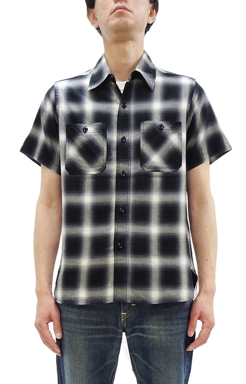 Sugar Cane Ombre Plaid Work Shirt Men's Casual Vintage-Style Short Sleeve Check Button Up Shirt SC39519 119 Black