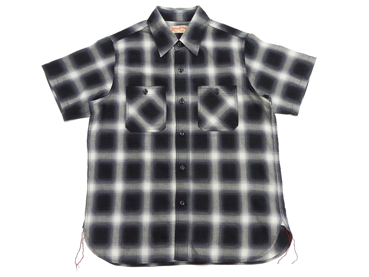 Sugar Cane Ombre Plaid Work Shirt Men's Casual Vintage-Style Short Sleeve Check Button Up Shirt SC39519 119 Black