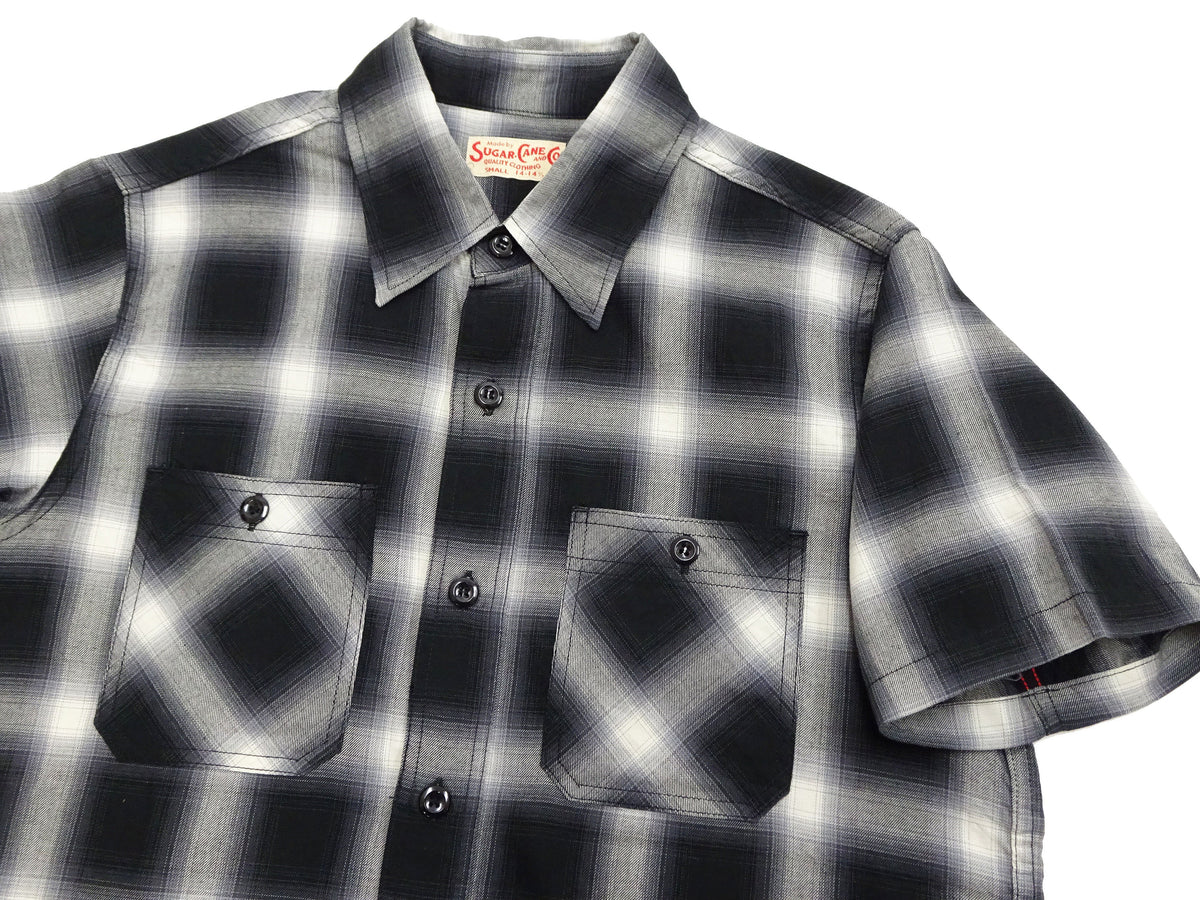 Sugar Cane Ombre Plaid Work Shirt Men's Casual Vintage-Style Short Sleeve Check Button Up Shirt SC39519 119 Black