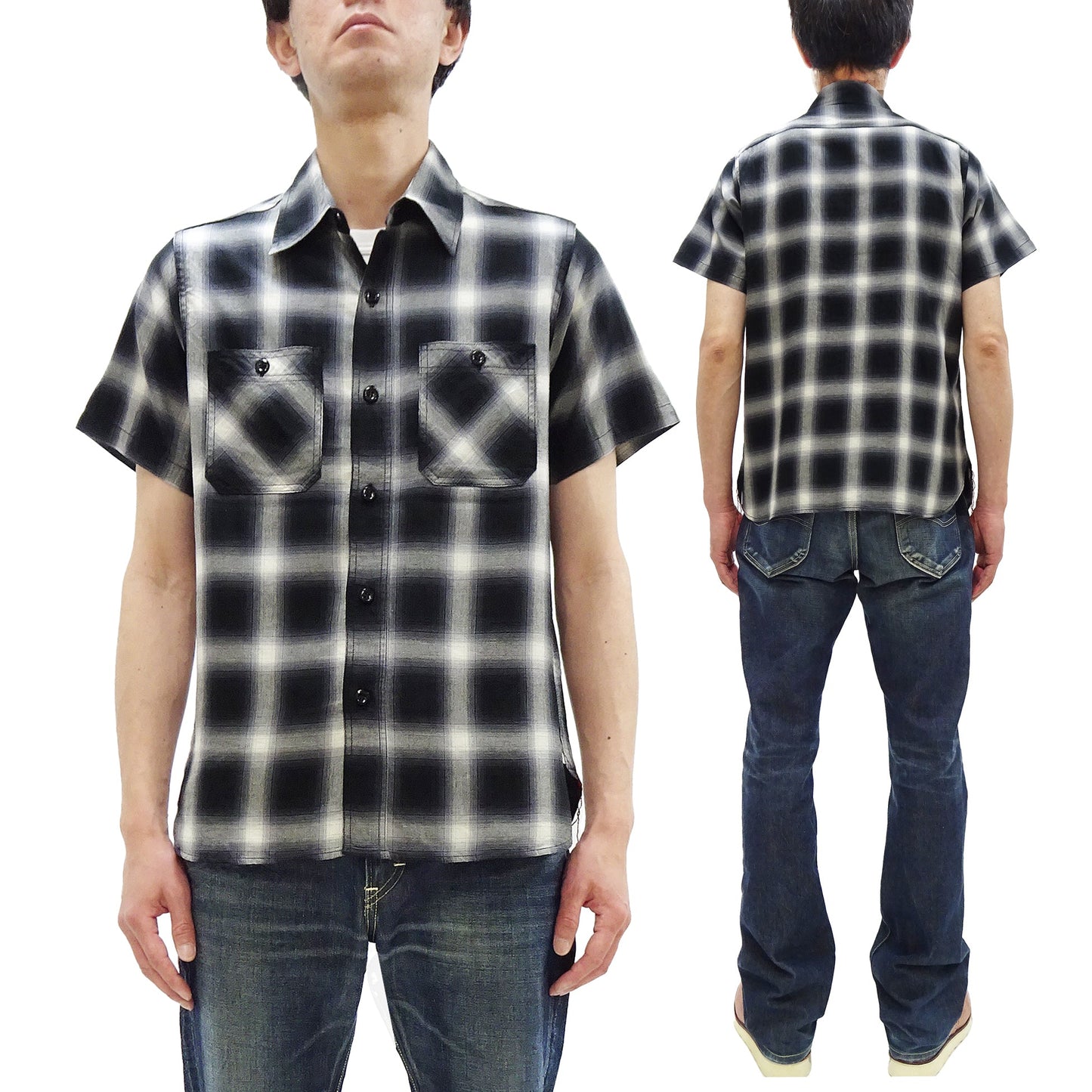 Sugar Cane Ombre Plaid Work Shirt Men's Casual Vintage-Style Short Sleeve Check Button Up Shirt SC39519 119 Black