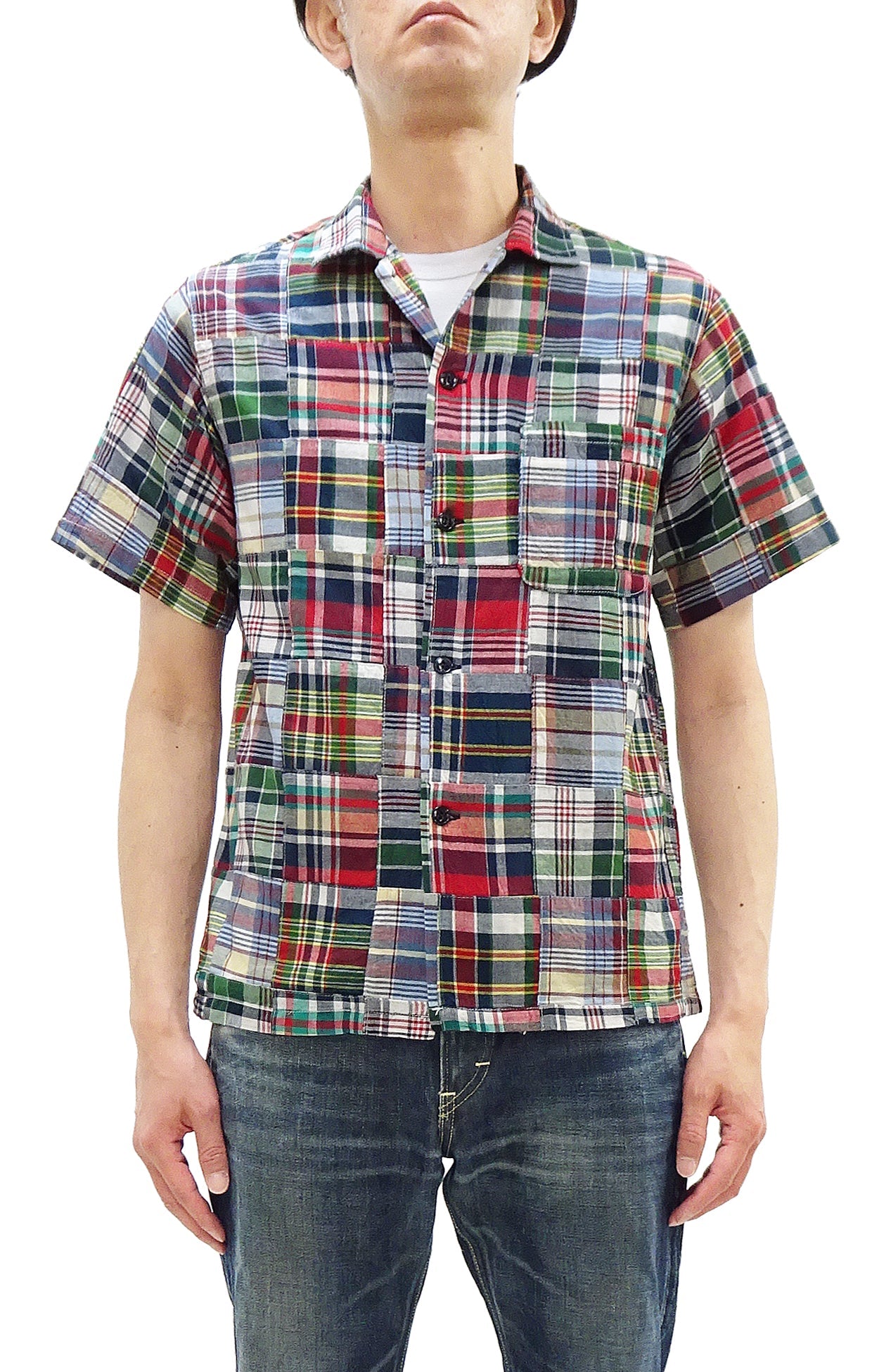 Sugar Cane Men's Madras Plaid Patchwork Open-Collar Camp Shirt - Short Sleeve - One Wash - Made in Japan (SC39739 165 Red)