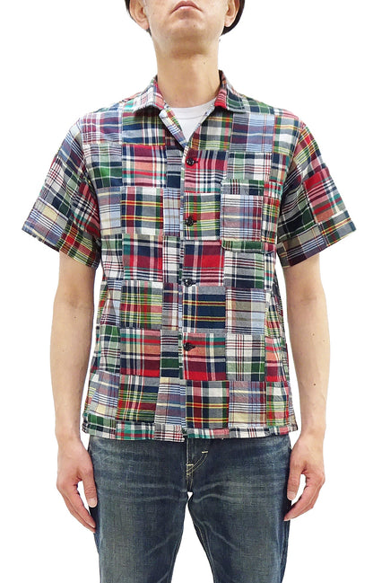Sugar Cane Men's Madras Plaid Patchwork Open-Collar Camp Shirt - Short Sleeve - One Wash - Made in Japan (SC39739 165 Red)