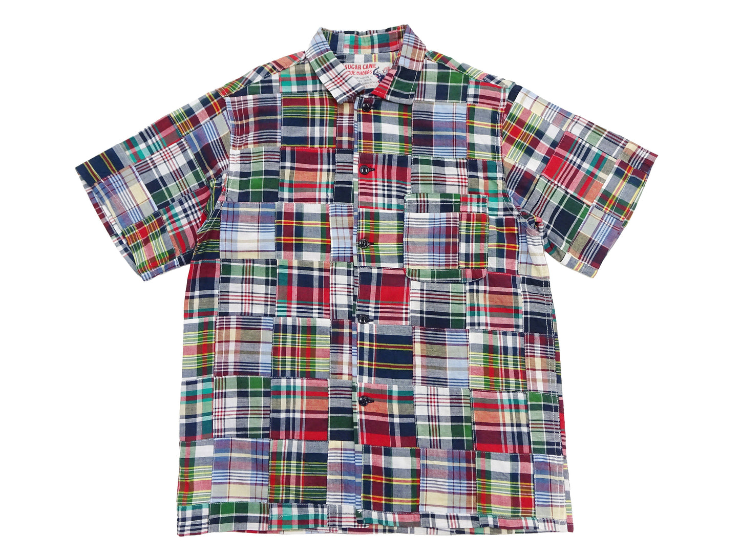 Sugar Cane Men's Madras Plaid Patchwork Open-Collar Camp Shirt - Short Sleeve - One Wash - Made in Japan (SC39739 165 Red)