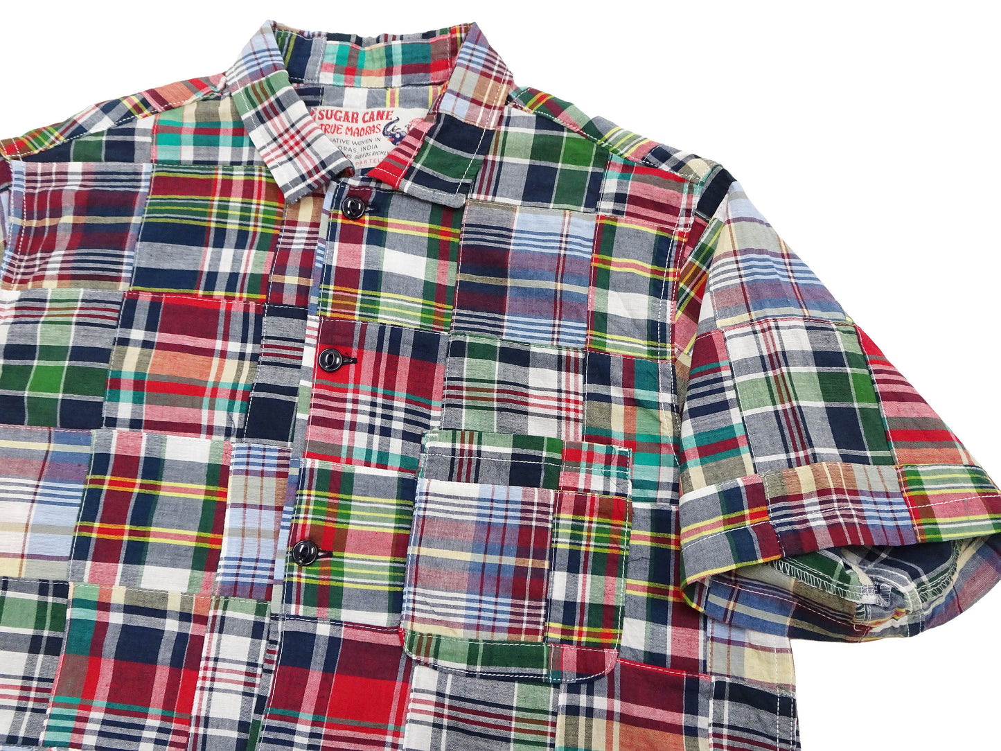 Sugar Cane Men's Madras Plaid Patchwork Open-Collar Camp Shirt - Short Sleeve - One Wash - Made in Japan (SC39739 165 Red)